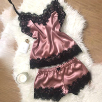  Women Sexy Lace Trim Satin Cami Top Pajama Sets  - Thumbnail 6