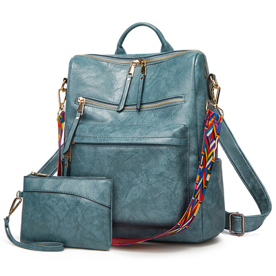 Women's soft leather large capacity backpack blue