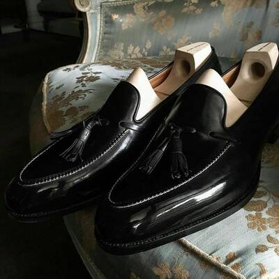 Black Calf Leather Tassel Loafers Dress Shoes