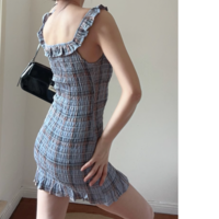 Retro style ruffled one-shoulder pleated slim-fit plaid hip dress - Thumbnail 1