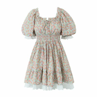 Square neck puff sleeve waist lace casual holiday floral dress - Thumbnail 3