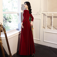 Fashion Burgundy Square Collar Long Sleeve Back Zipper Evening Dress Bride Wedding Prom Gowns  - Thumbnail 3