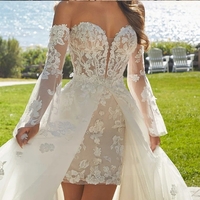 Customized  Sweetheart Long Sleeve Short Shearth Wedding Dresses With Detachablt Train  - Thumbnail 1