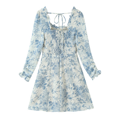 Retro bird floral print small square neck backless lace-up long sleeve dress