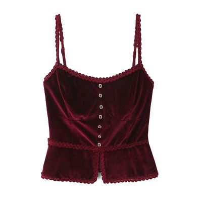 Retro style lace ribbon slim fit four-leaf clover button decorated velvet sling