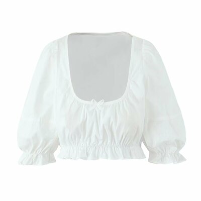 Sexy waist-baring top with u-neck and puff sleeves