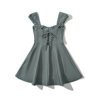 Retro sexy square neck low cut temperament slim fit gray mini dress - Thumbnail 1