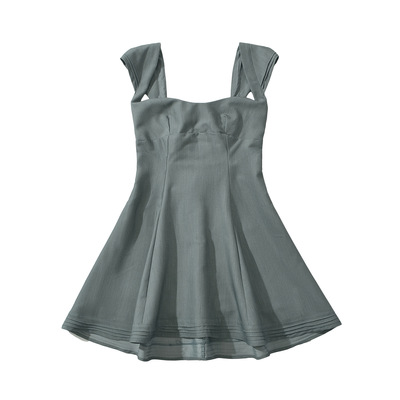 Retro sexy square neck low cut temperament slim fit gray mini dress
