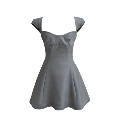 Retro sexy square neck low cut temperament slim fit gray mini dress