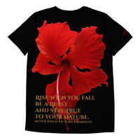 Red Blossom Print Black Men's T-Shirt - Thumbnail 3