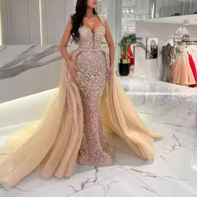  customized champagne elegant evening dress formal mermaid prom dress with  detachable trailing 