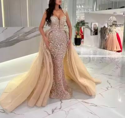  Customized Champagne Elegant Evening Dress Formal Mermaid Prom Dress with  Detachable Trailing 