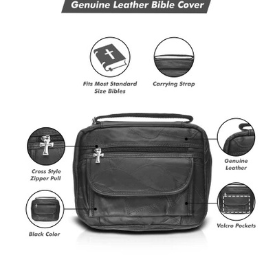 Genuine leather bible cover – black, zippered main compartment, front pockets & carrying strap