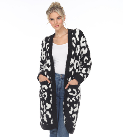 White Mark Women's Leopard Print Open Front Sherpa Coat