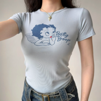 Retro cartoon print round neck straight shoulder short sleeve T-shirt - Thumbnail 1