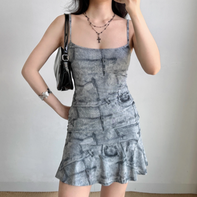 Imitation denim printed dress suspender skirt ruffled short skirt