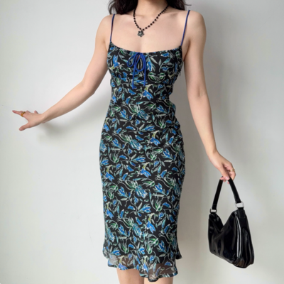 Retro printed suspender midi holiday dress