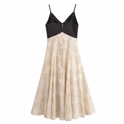 Temperament contrast color stitching jacquard suspender long skirt