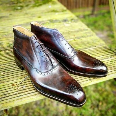 Handmade men dark brown patina leather chukka lace up  boot