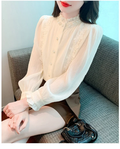 Beautiful Beaded Stand Collar Lace Chiffon Blouse