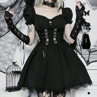 Gothic Black Rosa Embroidered Flare Dress - Thumbnail 2