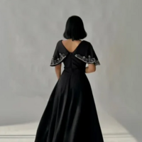 Beautiful Black A Line Floor Length Stain Prom Dresses - Thumbnail 2