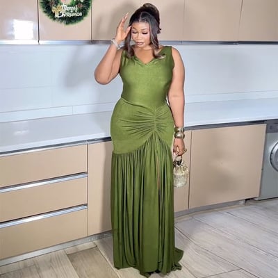 Ladies new fashion v-neck sleeveless slim fit pleated slit dress