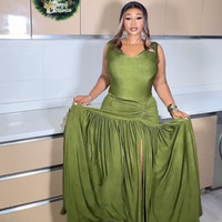 Ladies new fashion V-neck sleeveless slim fit pleated slit dress - Thumbnail 3