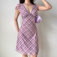 Sexy deep v-neck plaid mesh dress mid-length women's holiday dress - Thumbnail 1