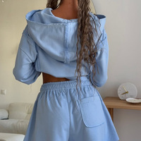 Blue casual style hooded sweatshirt shorts set - Thumbnail 2