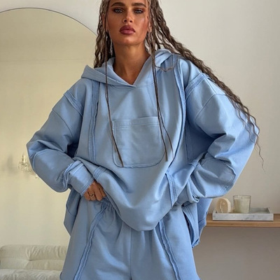 Blue casual style hooded sweatshirt shorts set
