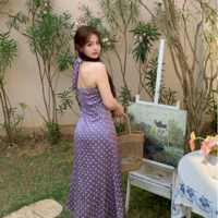 Plus Size Vintage Women's Purple Polka Dot Romantic Dress - Thumbnail 2