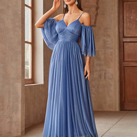 Elegant blue off-shoulder evening dress - Thumbnail 1