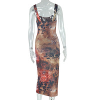Retro mesh print slim holiday long suspender dress - Thumbnail 8