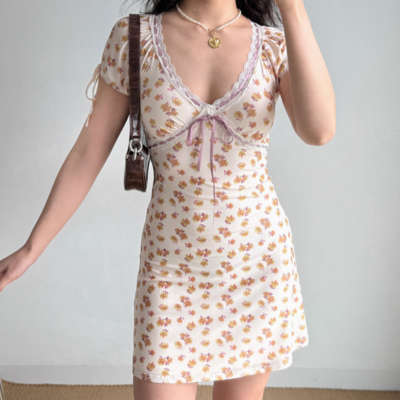 Lace-pattern lace-up printed short-sleeved dress - Thumbnail 2