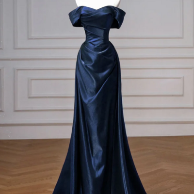 Navy satin long prom dress, elegant off the shoulder party dress,1093