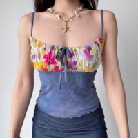Women's printed patchwork camisole top with open back - Thumbnail 1