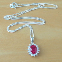 925 Ruby (Lab Created) Oval Pendant & 18" Silver Chain/Ruby Jewellery/Ruby Jewelry/925 Silver Ruby Necklace/July Birthstone/Red Ruby Jewelry - Thumbnail 1