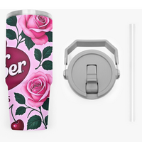 *Pink Rose Pop Design | 30 oz Flip-Straw Stainless Tumbler w/Handle | FREE SHIP! * - Thumbnail 2