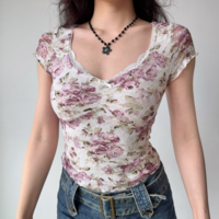 Retro Printed Lace Top Summer Short Sleeve T-Shirt - Thumbnail 3