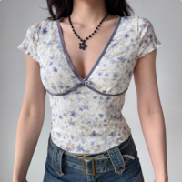 Sexy Deep V Neck Short Sleeve Printed Lace T-Shirt - Thumbnail 1