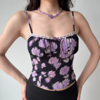 Retro flower print suspenders outerwear women's summer slim hottie top - Thumbnail 1
