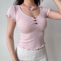 Three-dimensional small flower straight shoulder short-sleeved T-shirt with ruffled hem short top - Thumbnail 1