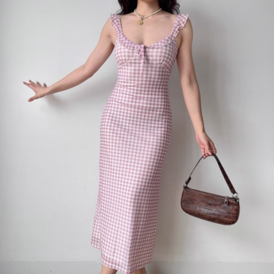 Sexy low-cut pink plaid suspender long dress slim fit dress - Thumbnail 1