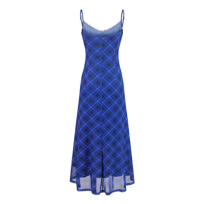 Retro temperament suspender dress klein blue plaid skirt