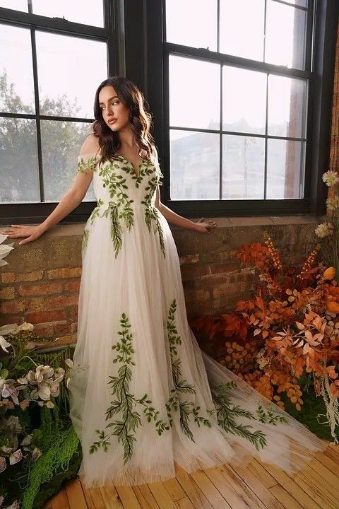 Sexy Wedding Dress, Green Leaf Wedding Dress Bridal Gown