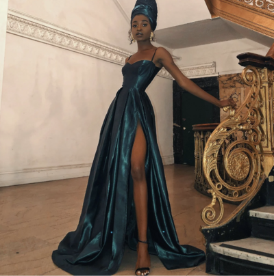 Spaghetti straps long dark green prom dresses, satin A-line evening prom dress,1131