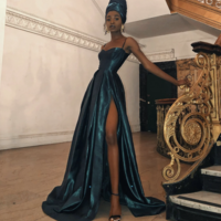 Spaghetti straps long dark green prom dresses, satin A-line evening prom dress,1131 - Thumbnail 1