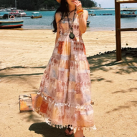Bohemian style printed patchwork tassel suspender long skirt - Thumbnail 4