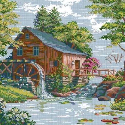 Watermill scenery cross stitching kit (30x40cm 14ct printed canvas)
